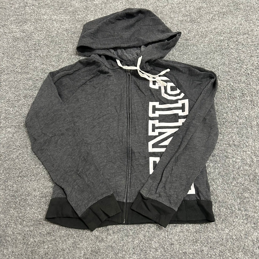 Pink Hoodie Womens Size S Gray Full Zip Logo Graphic Slim Fit Sweatshirt